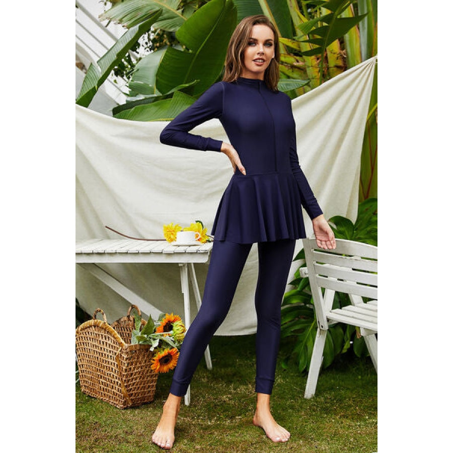 Mock Neck Long Sleeve One-Piece Swimwear Apparel and Accessories