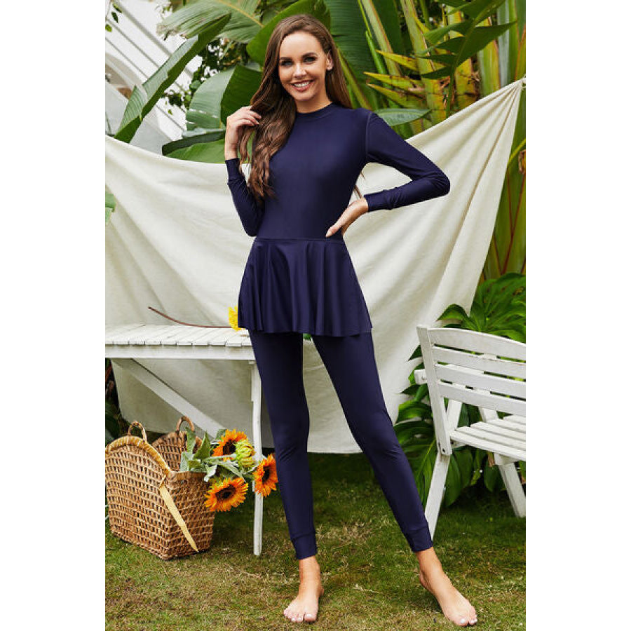 Mock Neck Long Sleeve One-Piece Swimwear Dark Navy / S Apparel and Accessories