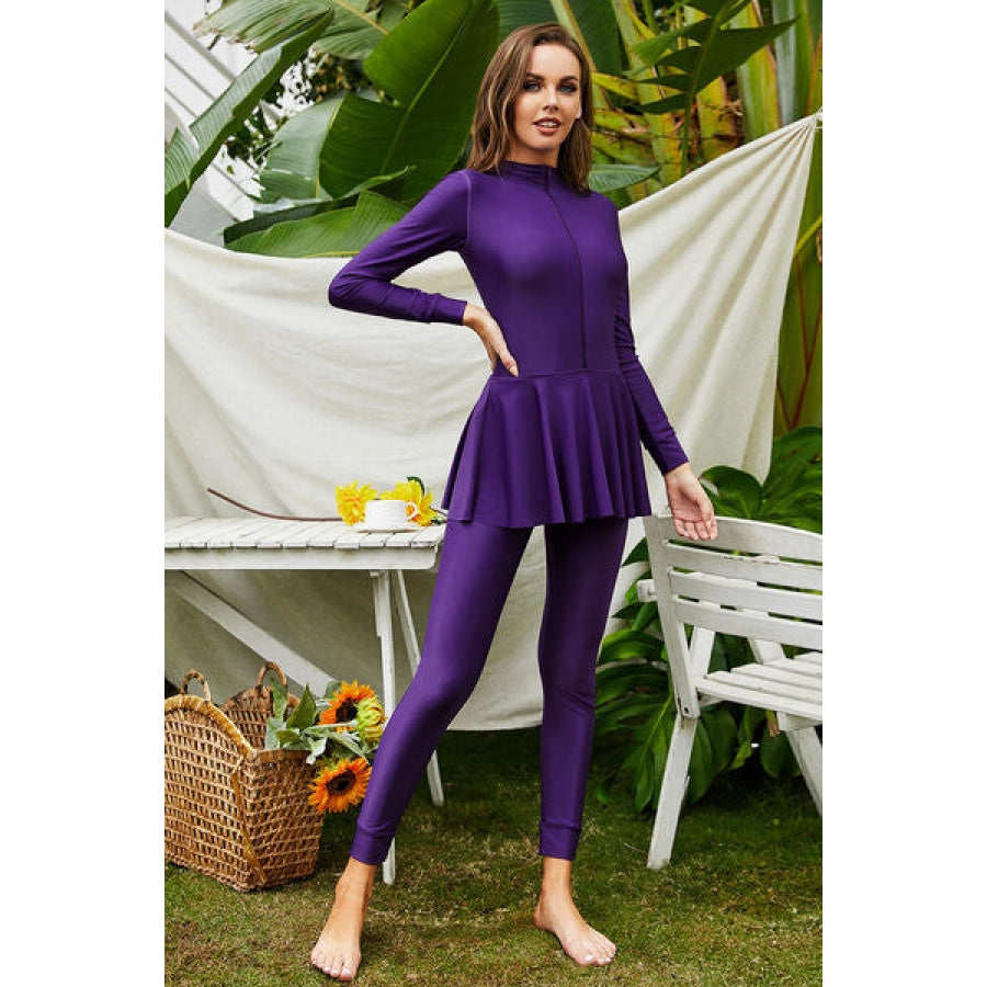 Mock Neck Long Sleeve One-Piece Swimwear Violet / S Apparel and Accessories