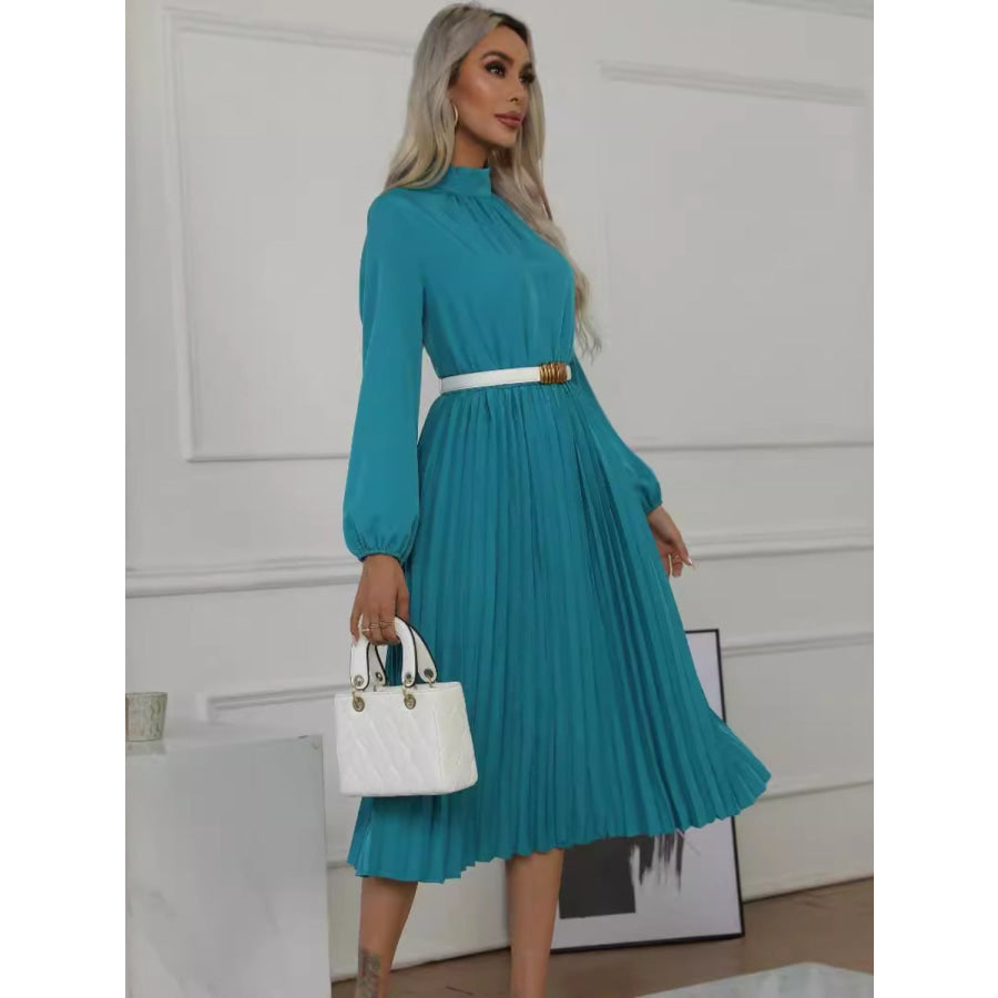 Mock Neck Long Sleeve Pleated Dress Apparel and Accessories