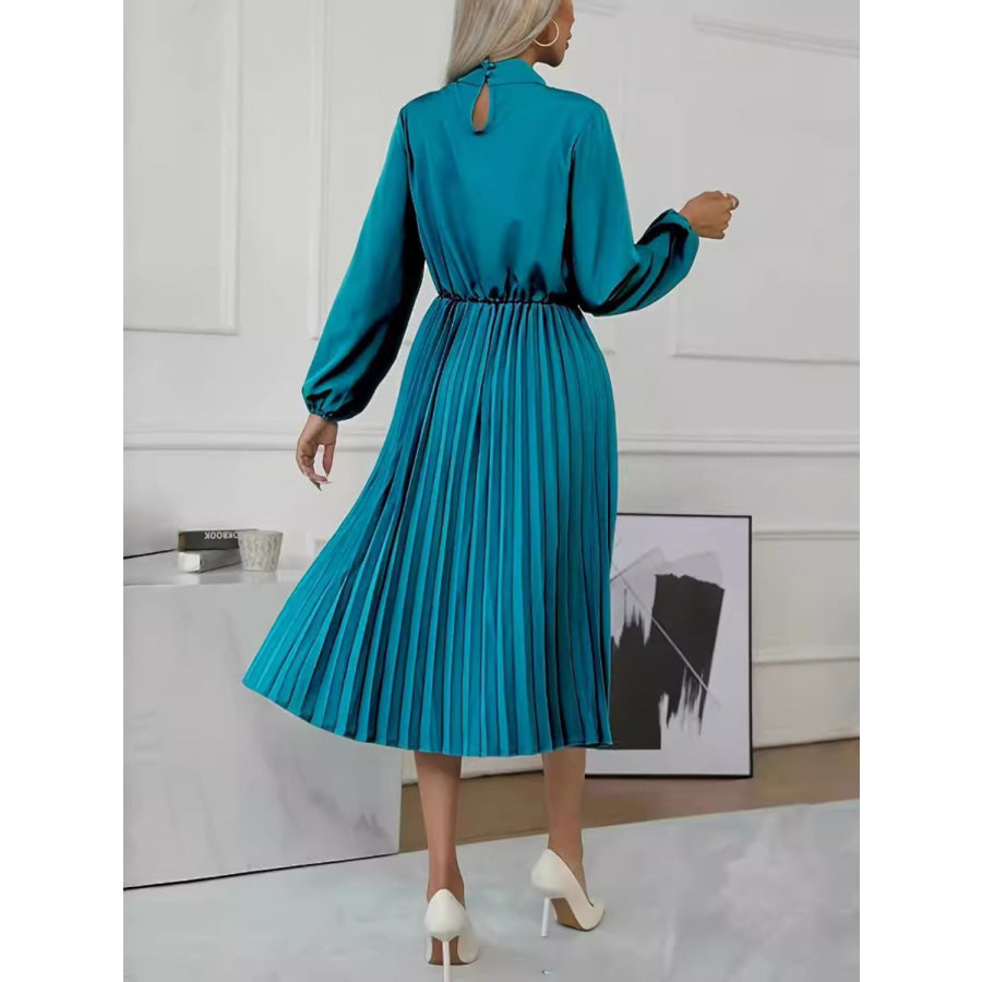 Mock Neck Long Sleeve Pleated Dress Apparel and Accessories