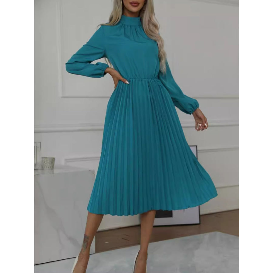 Mock Neck Long Sleeve Pleated Dress French Blue / S Apparel and Accessories