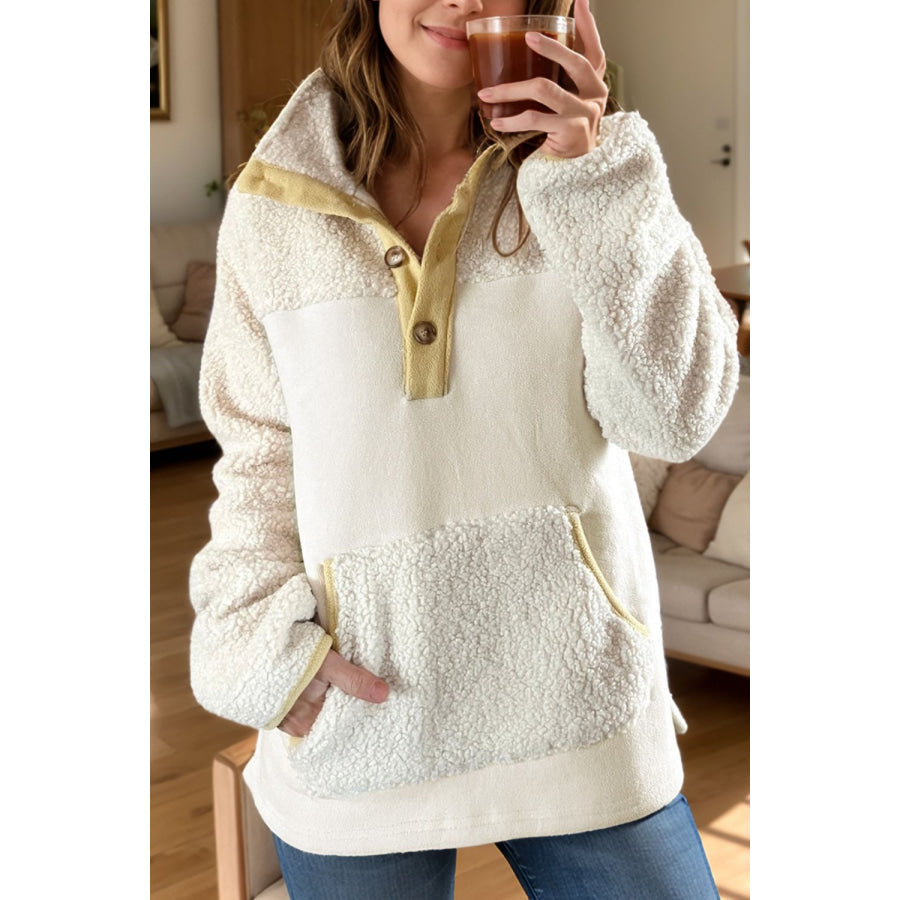 Mock Neck Long Sleeve Sherpa Sweatshirt White / S Apparel and Accessories