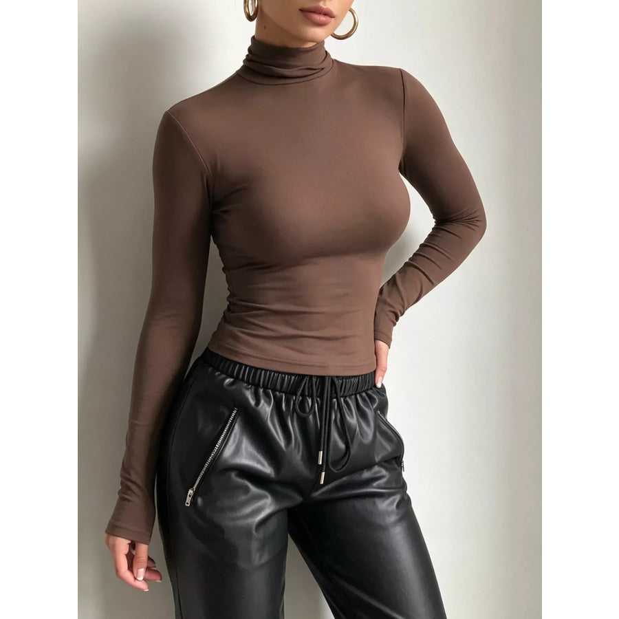Mock Neck Long Sleeve Slim Fit T-Shirt Brown / S Apparel and Accessories