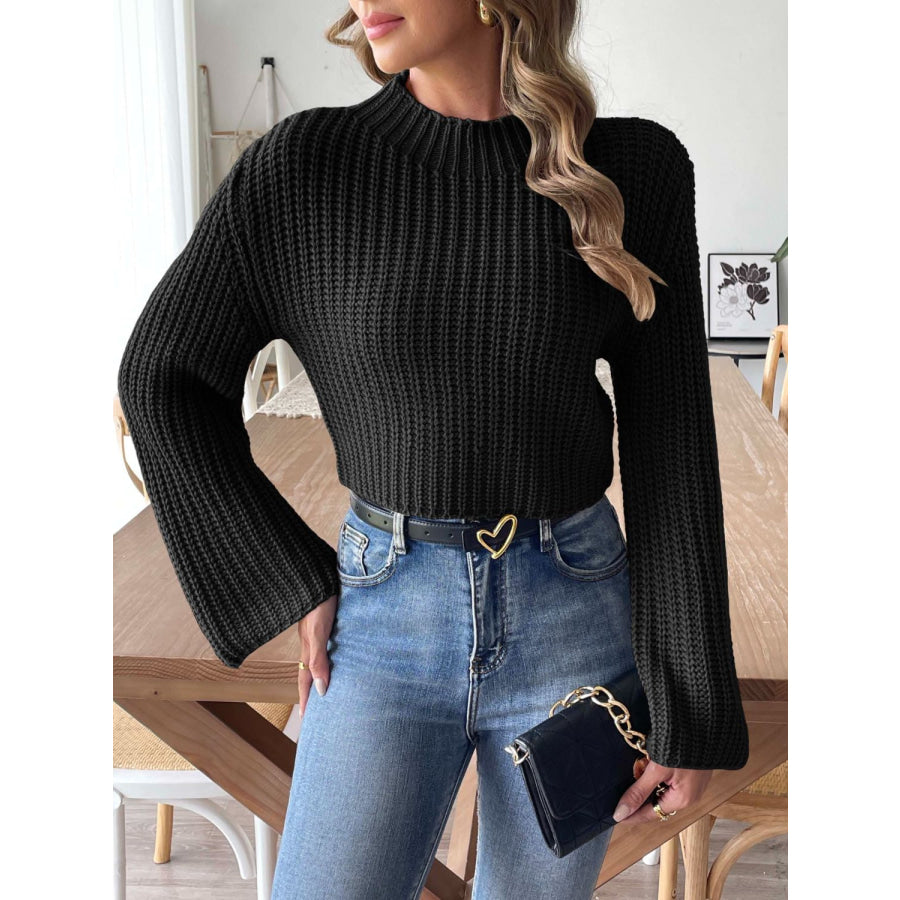 Mock Neck Long Sleeve Sweater Black / S Apparel and Accessories