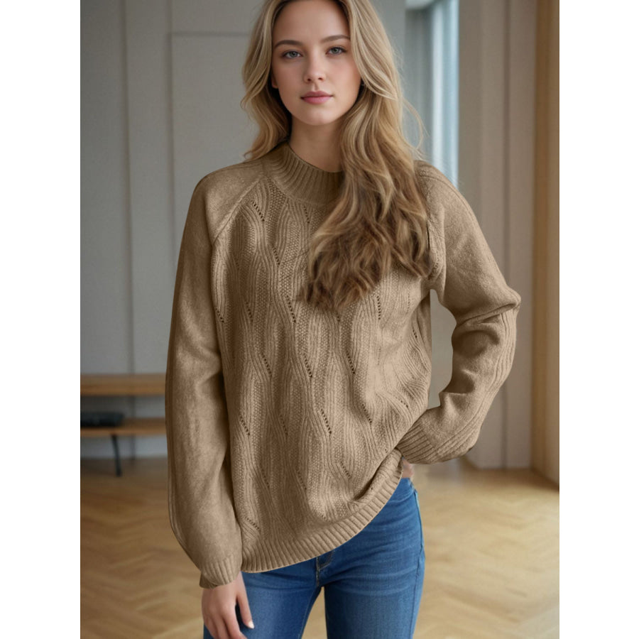 Mock Neck Long Sleeve Sweater Camel / One Size Apparel and Accessories