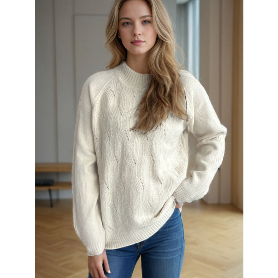 Mock Neck Long Sleeve Sweater Cream / One Size Apparel and Accessories