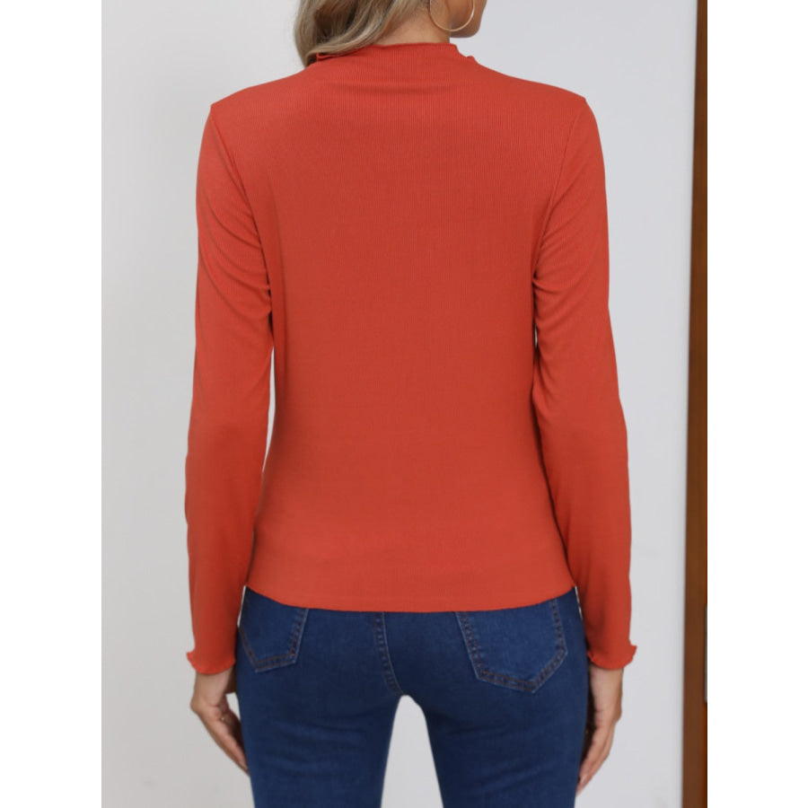 Mock Neck Long Sleeve T-Shirt Orange-Red / S Apparel and Accessories