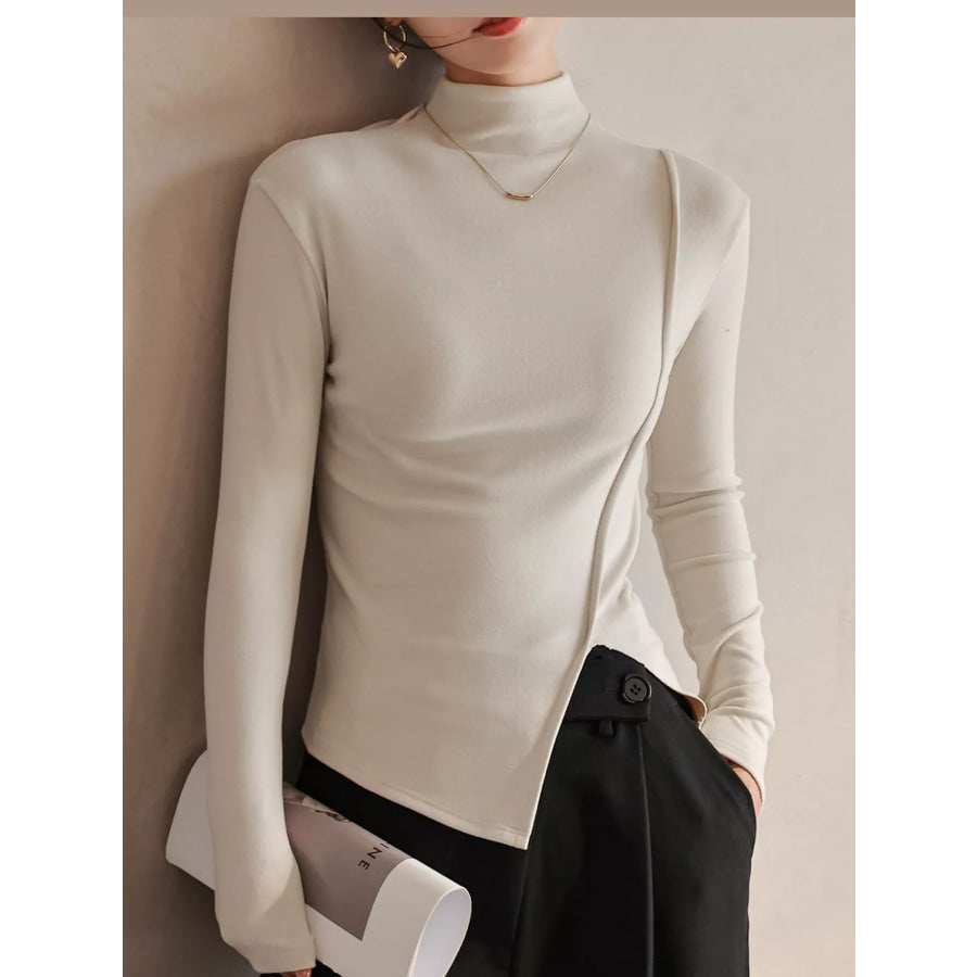Mock Neck Long Sleeve T-Shirt Beige Apricot / S Apparel and Accessories