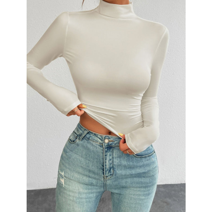 Mock Neck Long Sleeve T-Shirt Ivory / S Apparel and Accessories