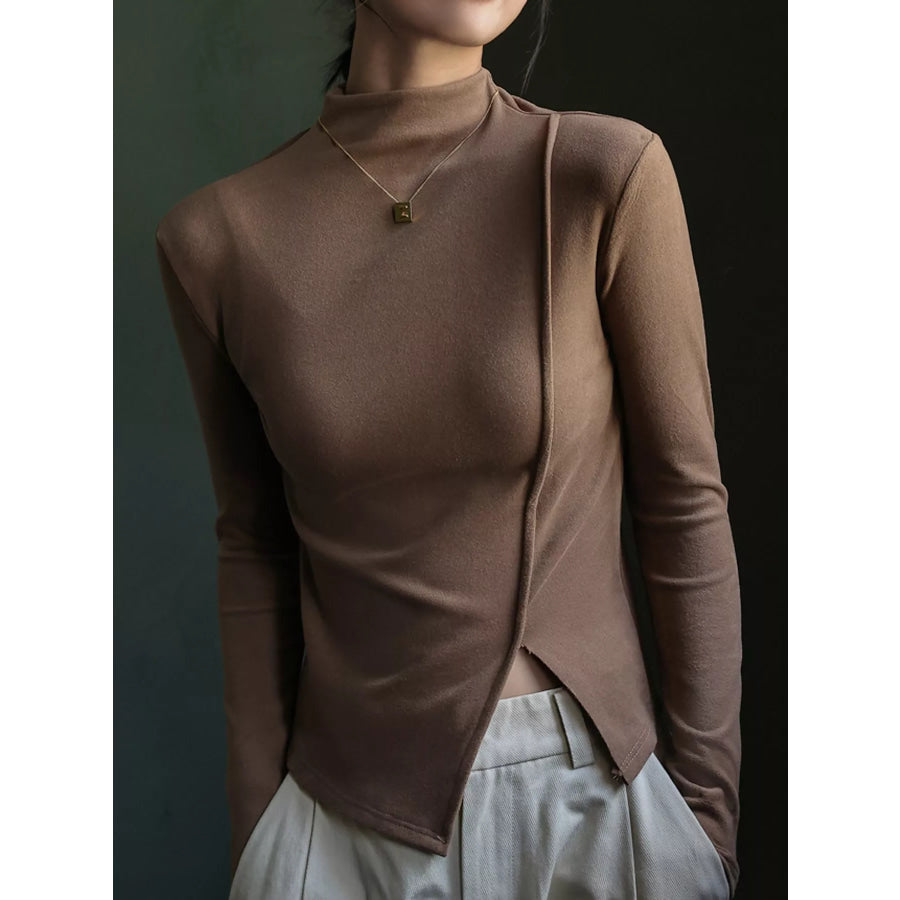 Mock Neck Long Sleeve T-Shirt Khaki / S Apparel and Accessories