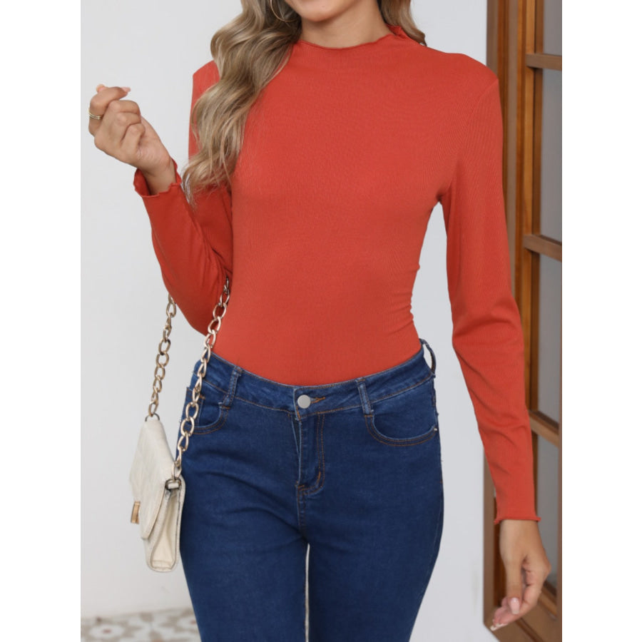 Mock Neck Long Sleeve T-Shirt Orange-Red / S Apparel and Accessories