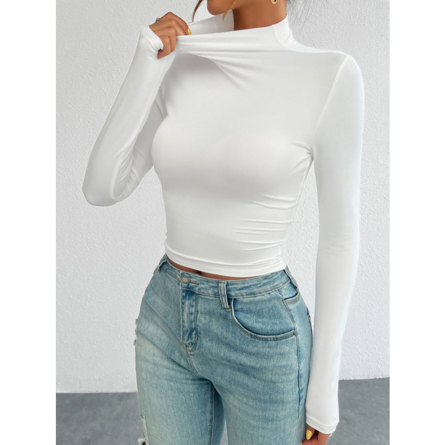 Mock Neck Long Sleeve T-Shirt White / S Apparel and Accessories