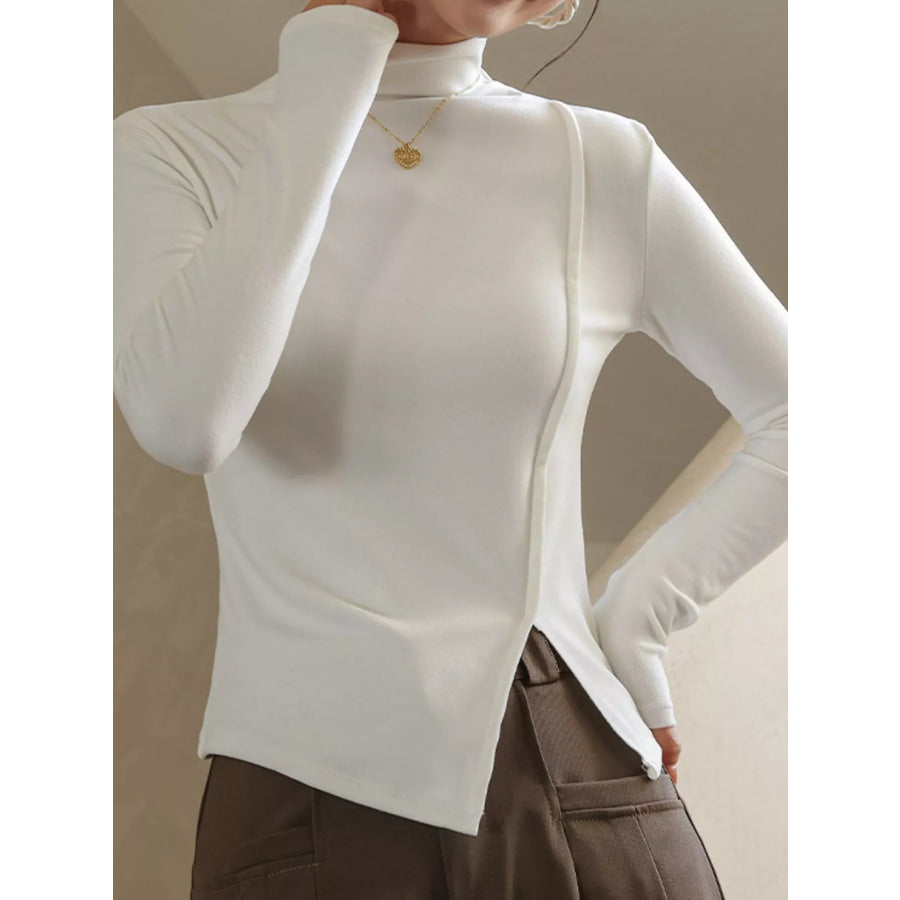 Mock Neck Long Sleeve T-Shirt White / S Apparel and Accessories