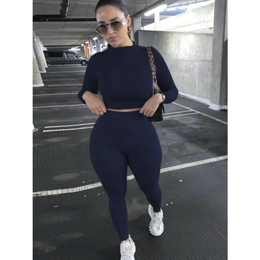 Mock Neck Long Sleeve Top and High Waist Pants Set Navy / S Apparel Accessories