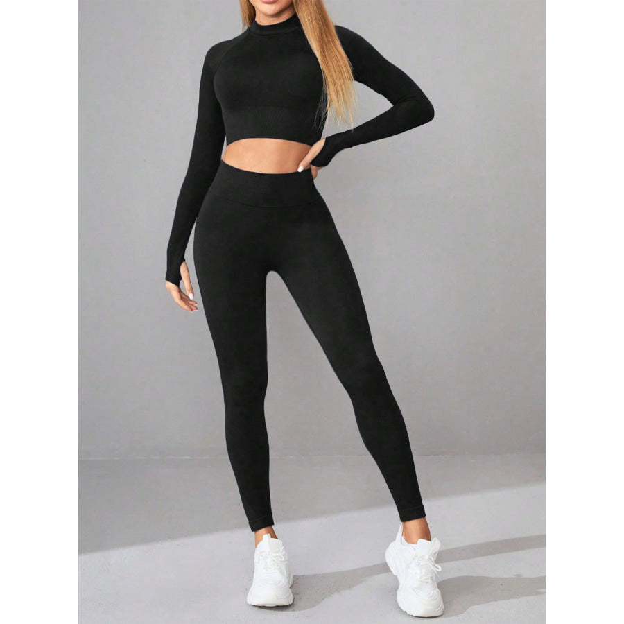 Mock Neck Long Sleeve Top and Leggings Active Set Black / S Apparel and Accessories