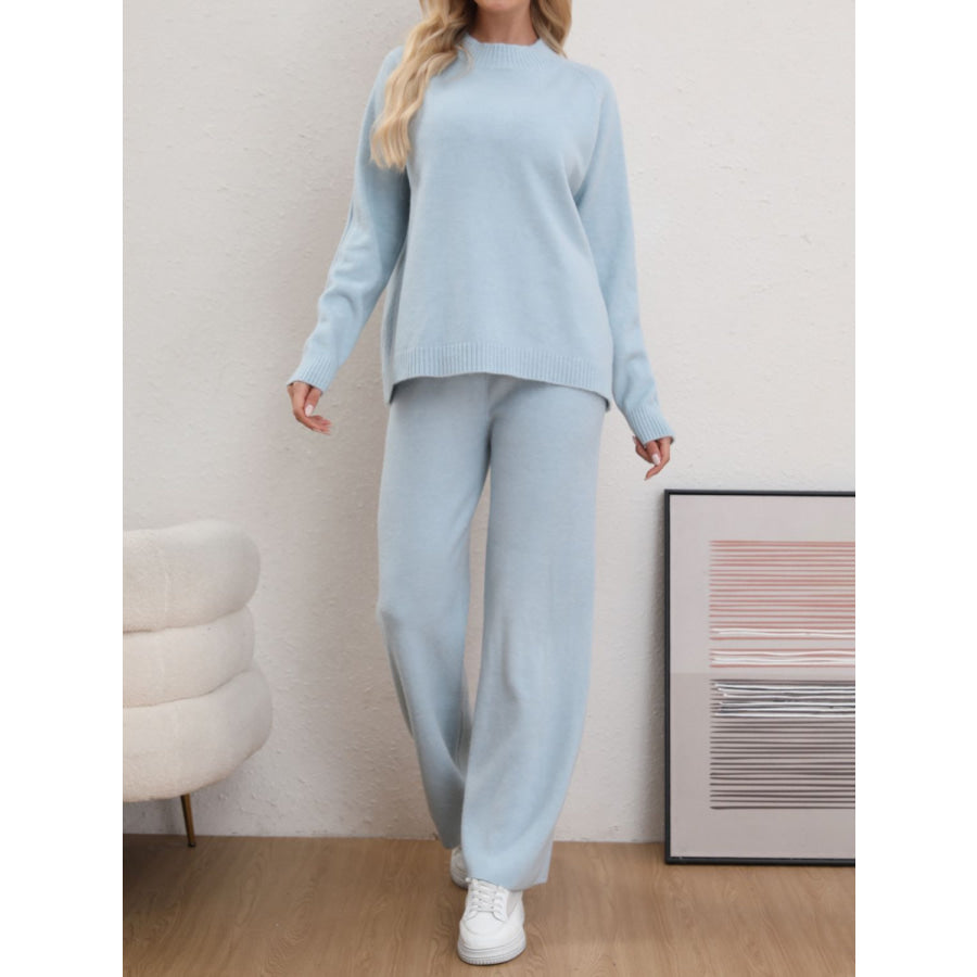 Mock Neck Long Sleeve Top and Pants Sweater Set Light Blue / One Size Apparel and Accessories