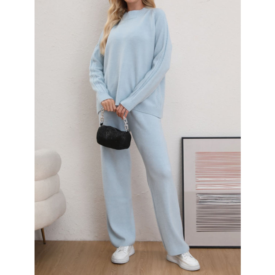 Mock Neck Long Sleeve Top and Pants Sweater Set Light Blue / One Size Apparel and Accessories