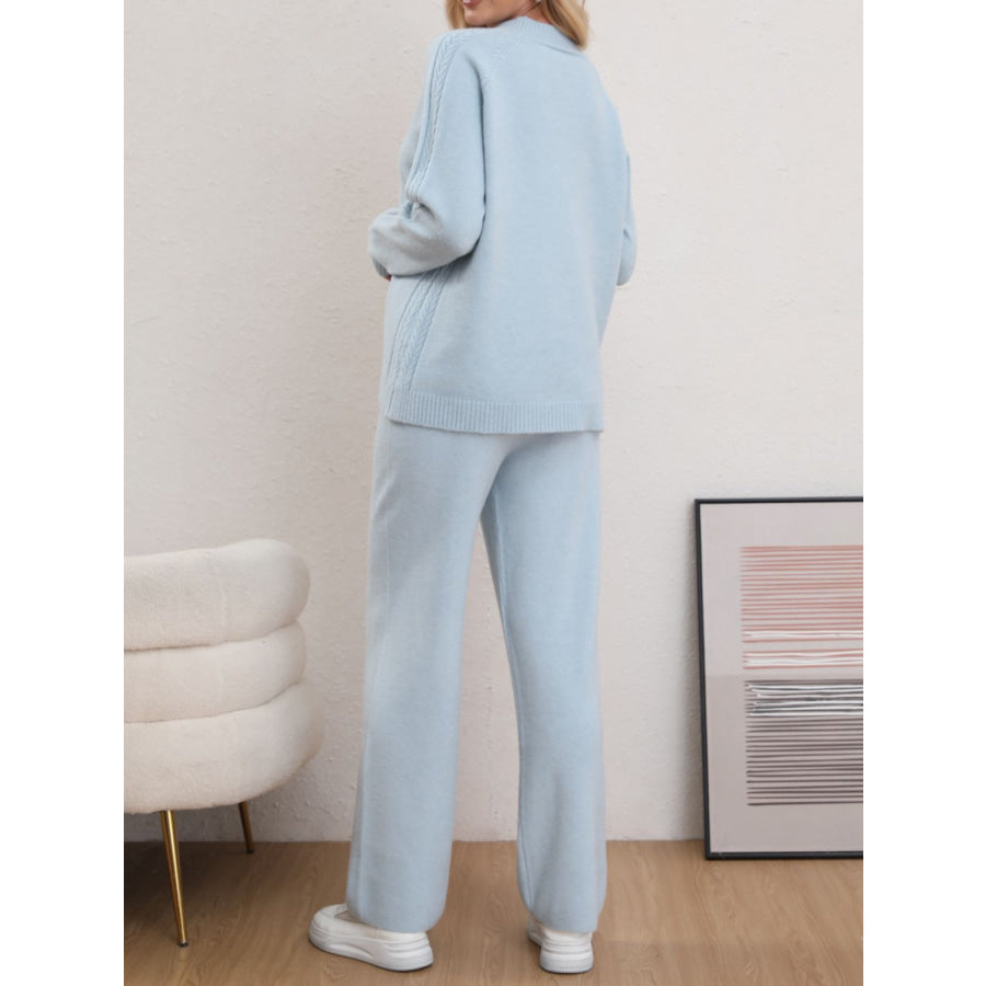 Mock Neck Long Sleeve Top and Pants Sweater Set Light Blue / One Size Apparel and Accessories