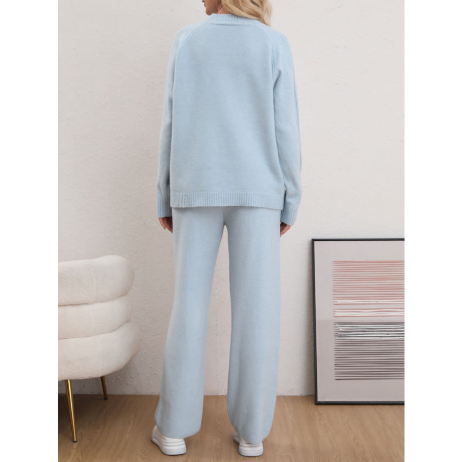 Mock Neck Long Sleeve Top and Pants Sweater Set Light Blue / One Size Apparel and Accessories