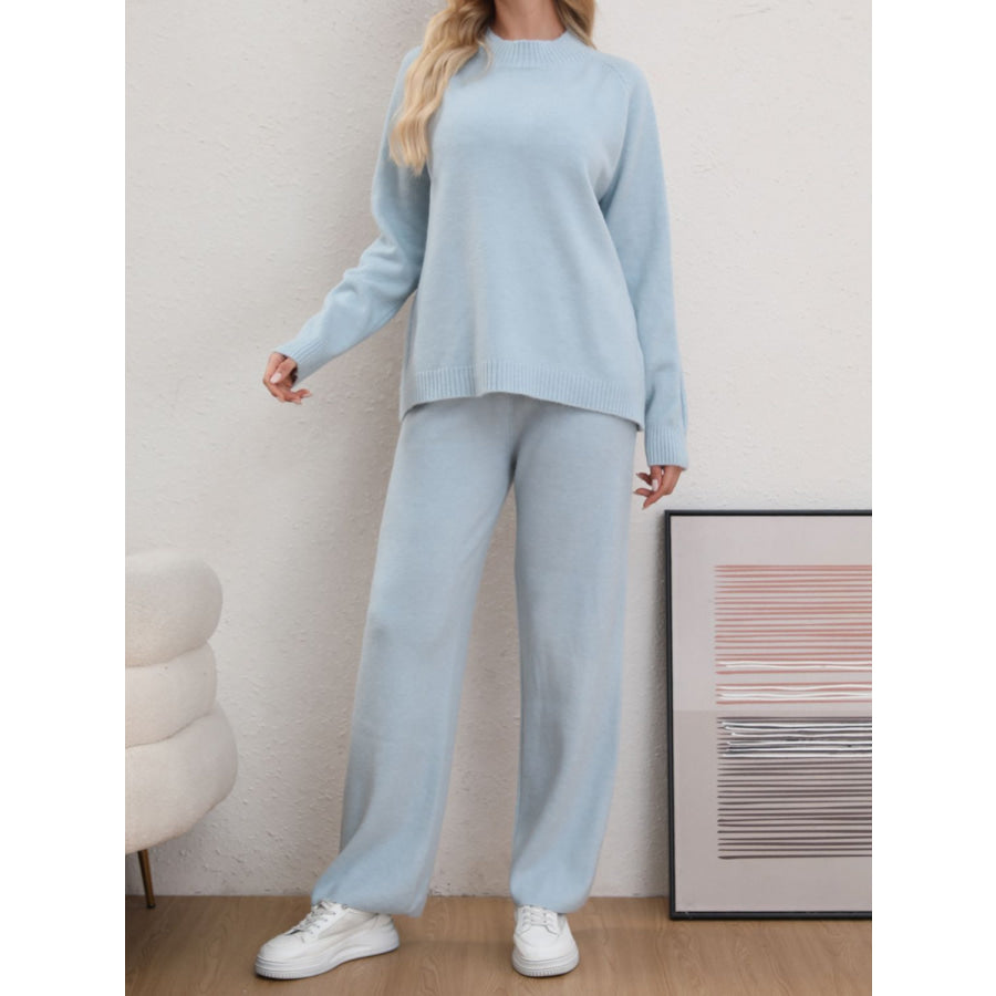 Mock Neck Long Sleeve Top and Pants Sweater Set Light Blue / One Size Apparel and Accessories