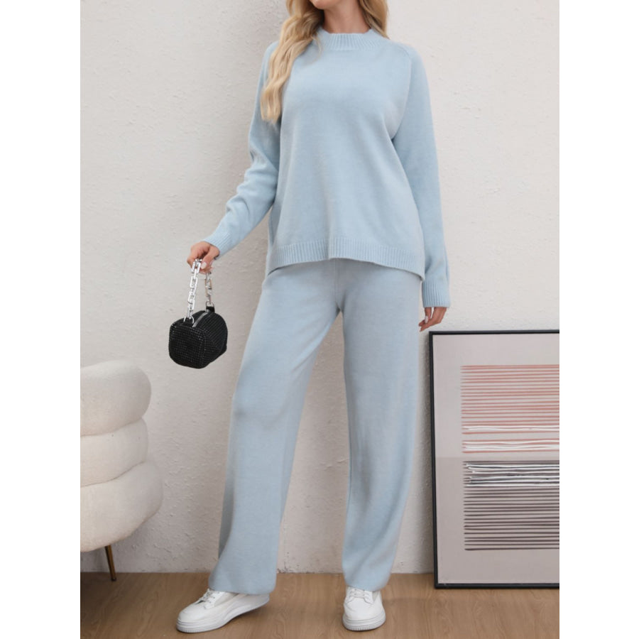 Mock Neck Long Sleeve Top and Pants Sweater Set Light Blue / One Size Apparel and Accessories