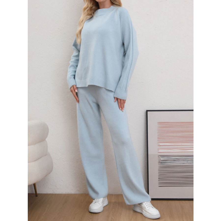 Mock Neck Long Sleeve Top and Pants Sweater Set Light Blue / One Size Apparel and Accessories