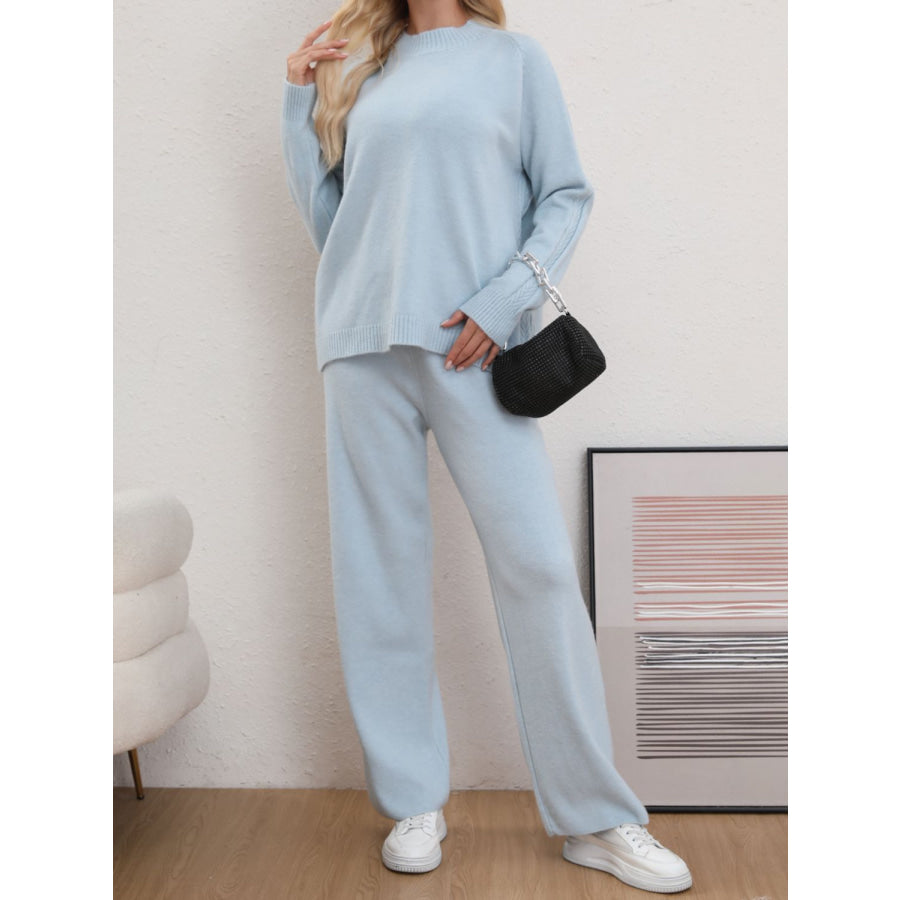 Mock Neck Long Sleeve Top and Pants Sweater Set Light Blue / One Size Apparel and Accessories