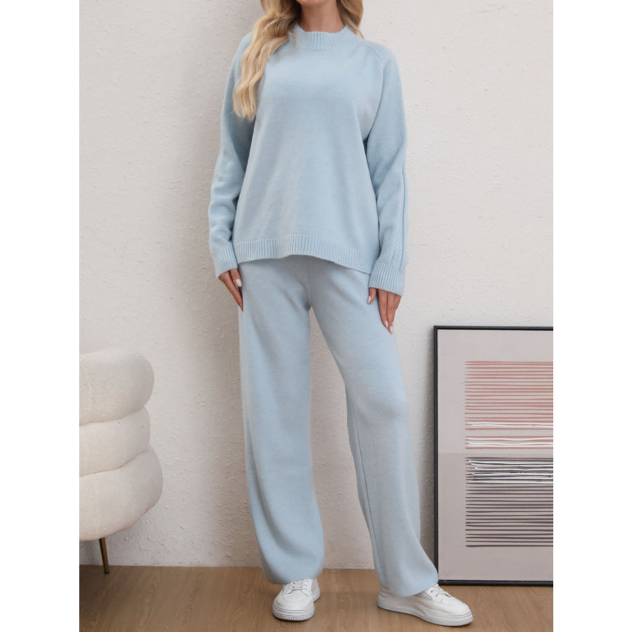 Mock Neck Long Sleeve Top and Pants Sweater Set Light Blue / One Size Apparel and Accessories