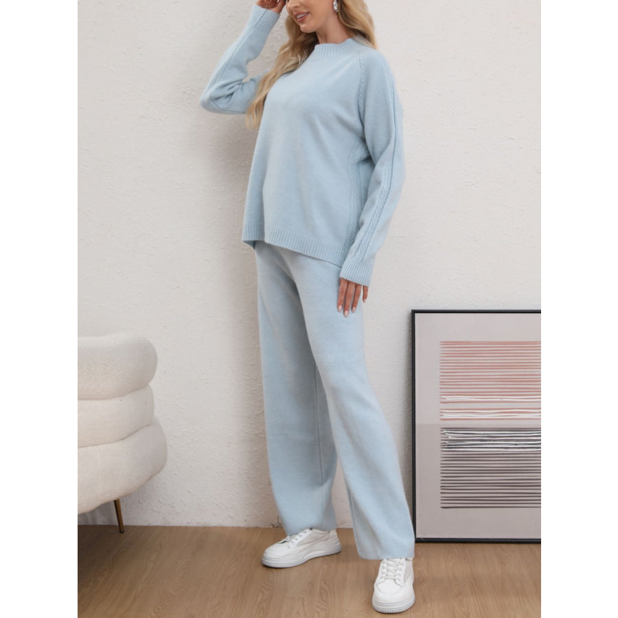 Mock Neck Long Sleeve Top and Pants Sweater Set Light Blue / One Size Apparel and Accessories