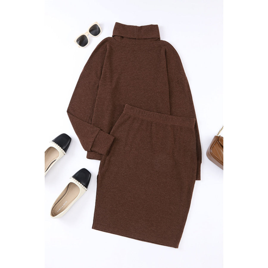 Mock Neck Long Sleeve Top and Slit Skirt Set Apparel and Accessories