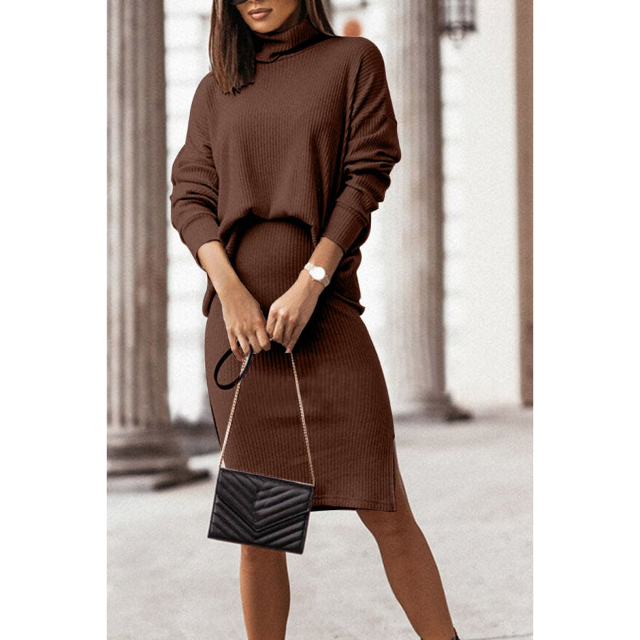 Mock Neck Long Sleeve Top and Slit Skirt Set Apparel and Accessories