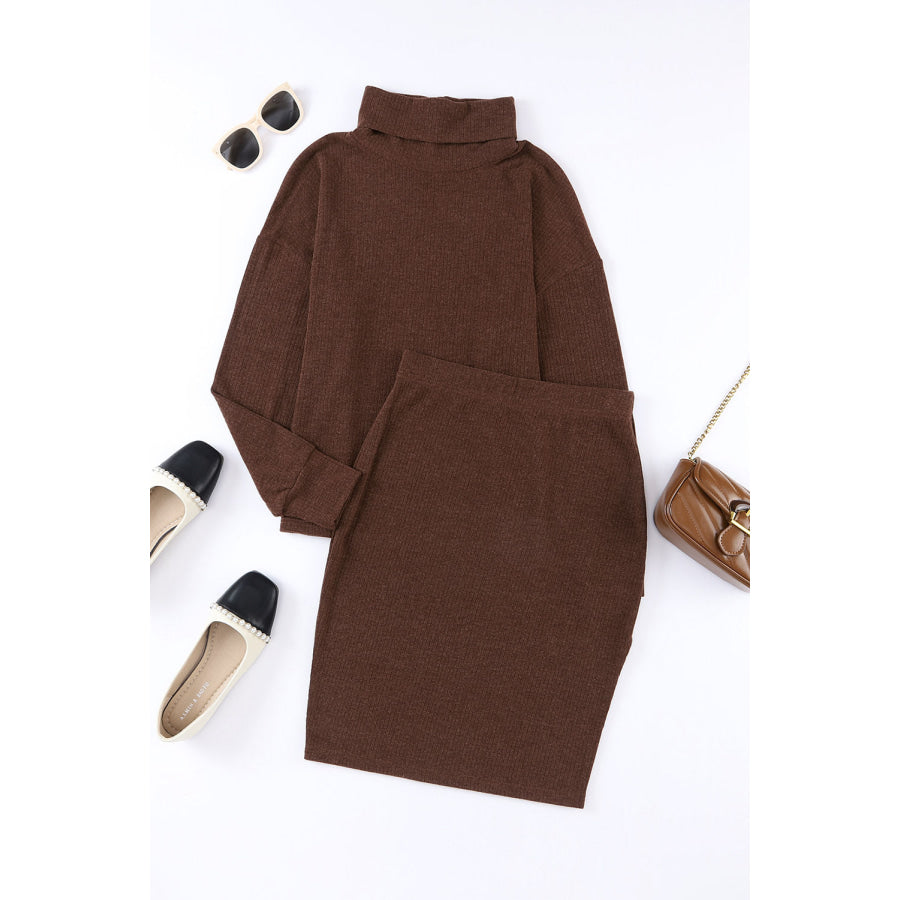 Mock Neck Long Sleeve Top and Slit Skirt Set Apparel and Accessories