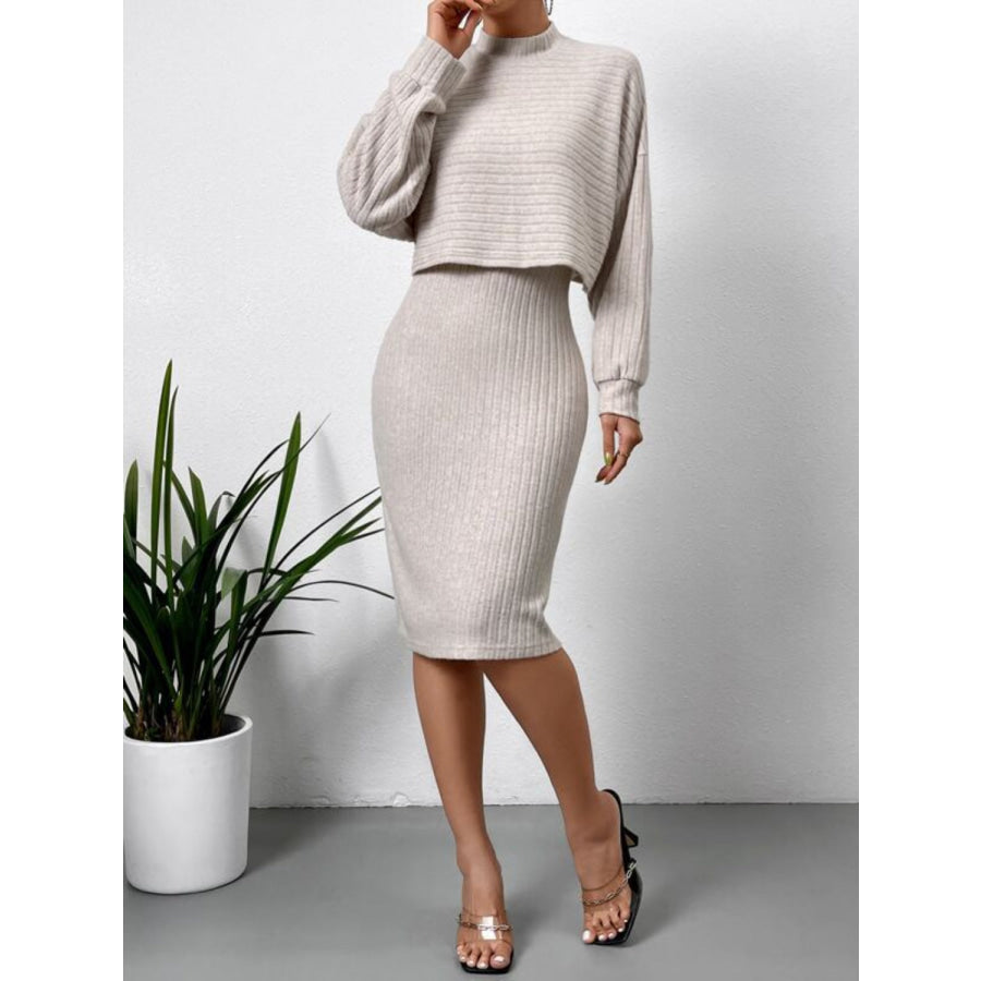 Mock Neck Long Sleeve Top and Wide Strap Dress Set Apparel and Accessories