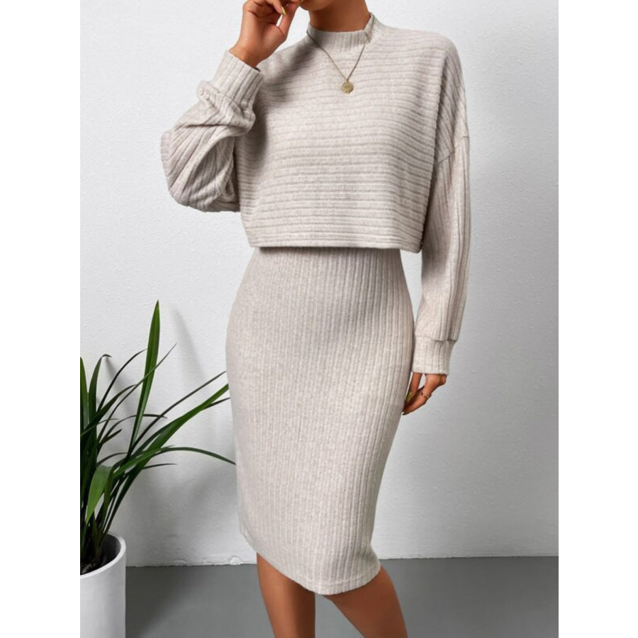 Mock Neck Long Sleeve Top and Wide Strap Dress Set Apparel and Accessories