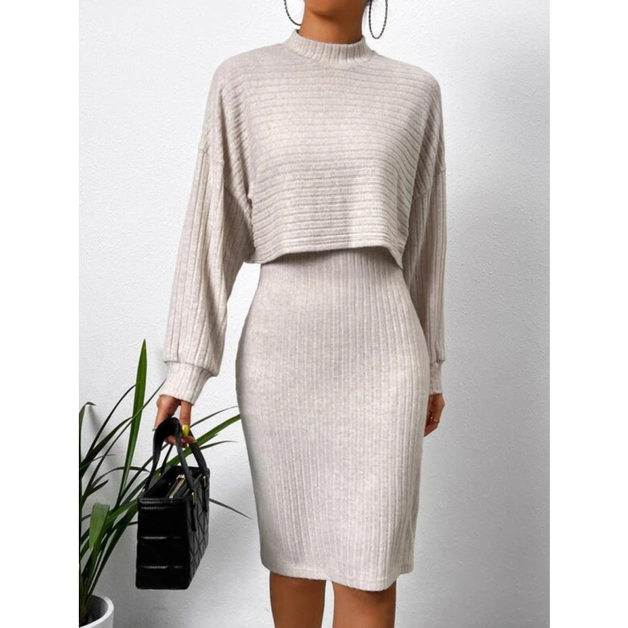 Mock Neck Long Sleeve Top and Wide Strap Dress Set Dust Storm / S Apparel and Accessories