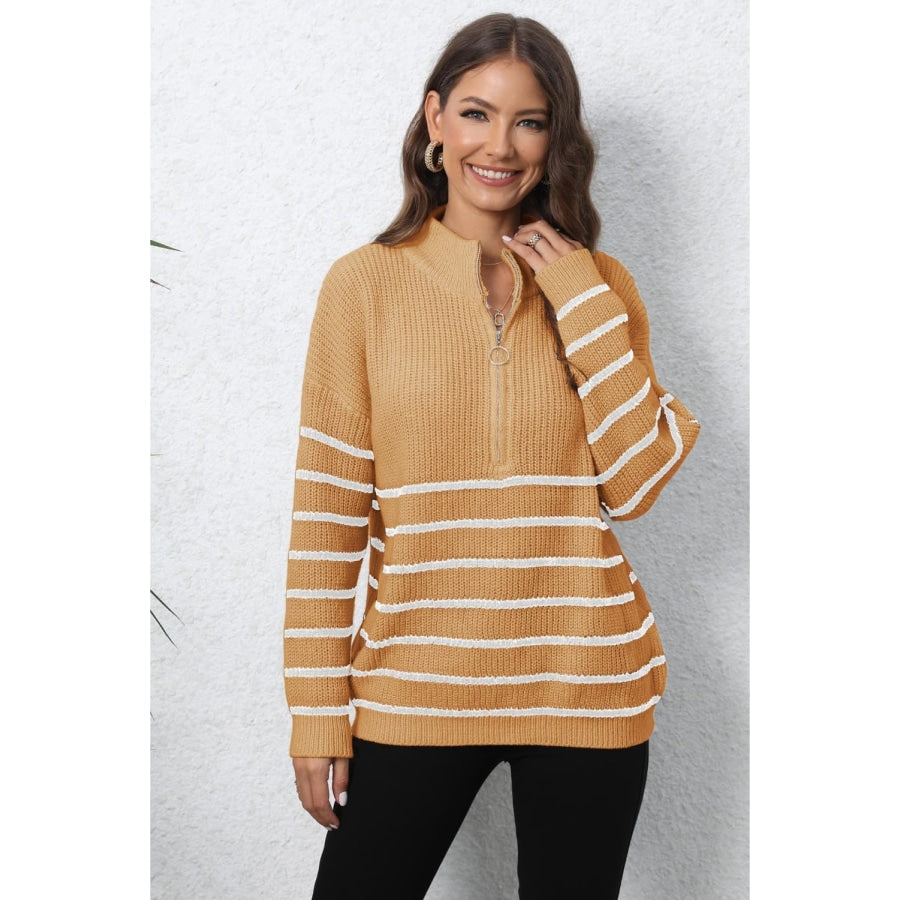 Mock Neck Long Sleeve Zip-Up Sweater Sherbet / One Size