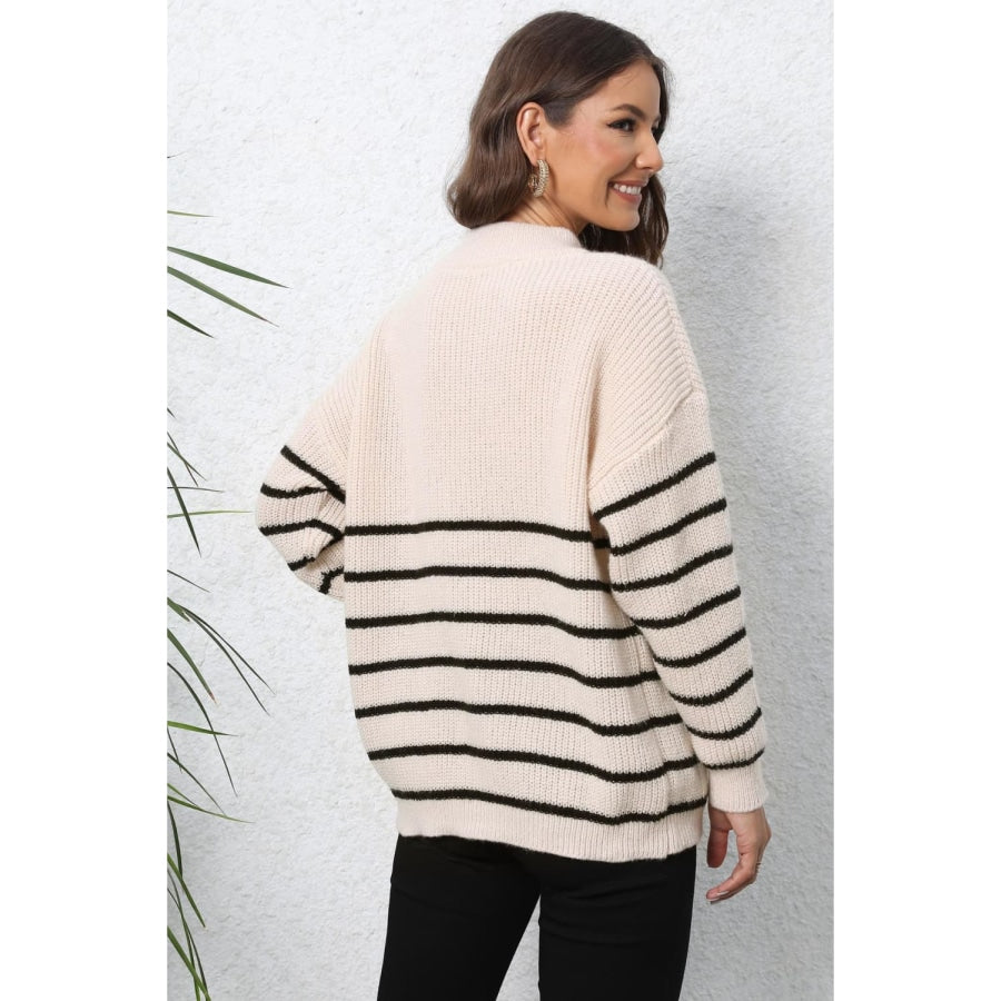 Mock Neck Long Sleeve Zip-Up Sweater Beige / One Size