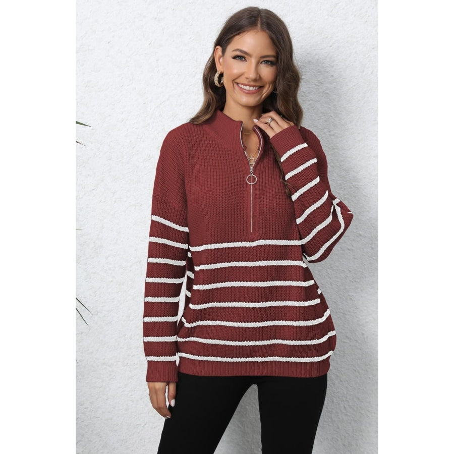 Mock Neck Long Sleeve Zip-Up Sweater Wine / One Size