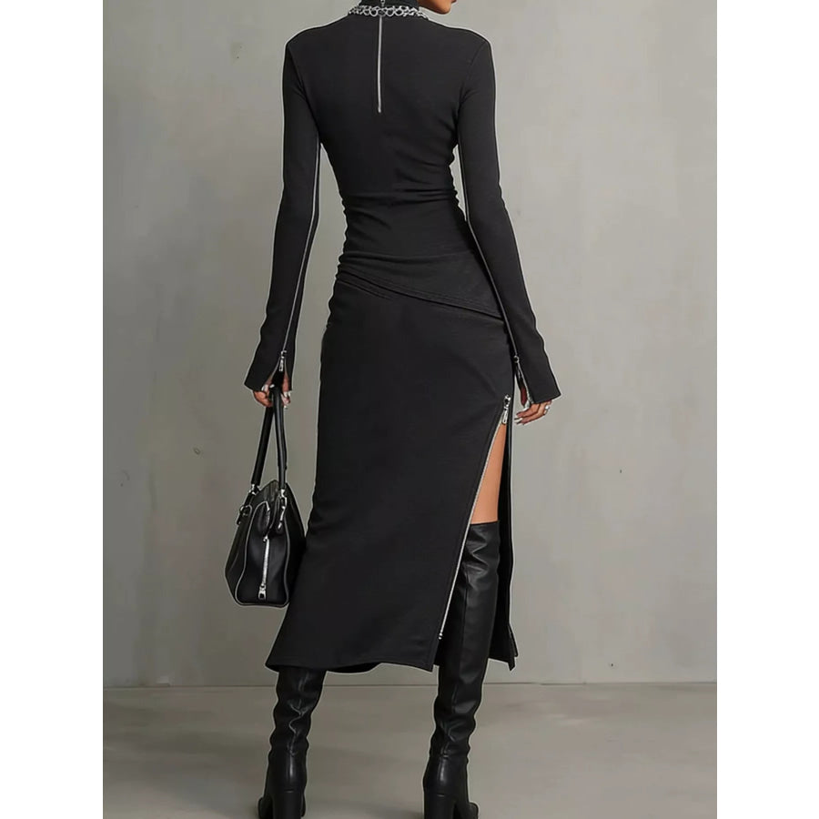 Mock Neck Long Sleeve Zipper Detail Maxi Dress Black / S Apparel and Accessories
