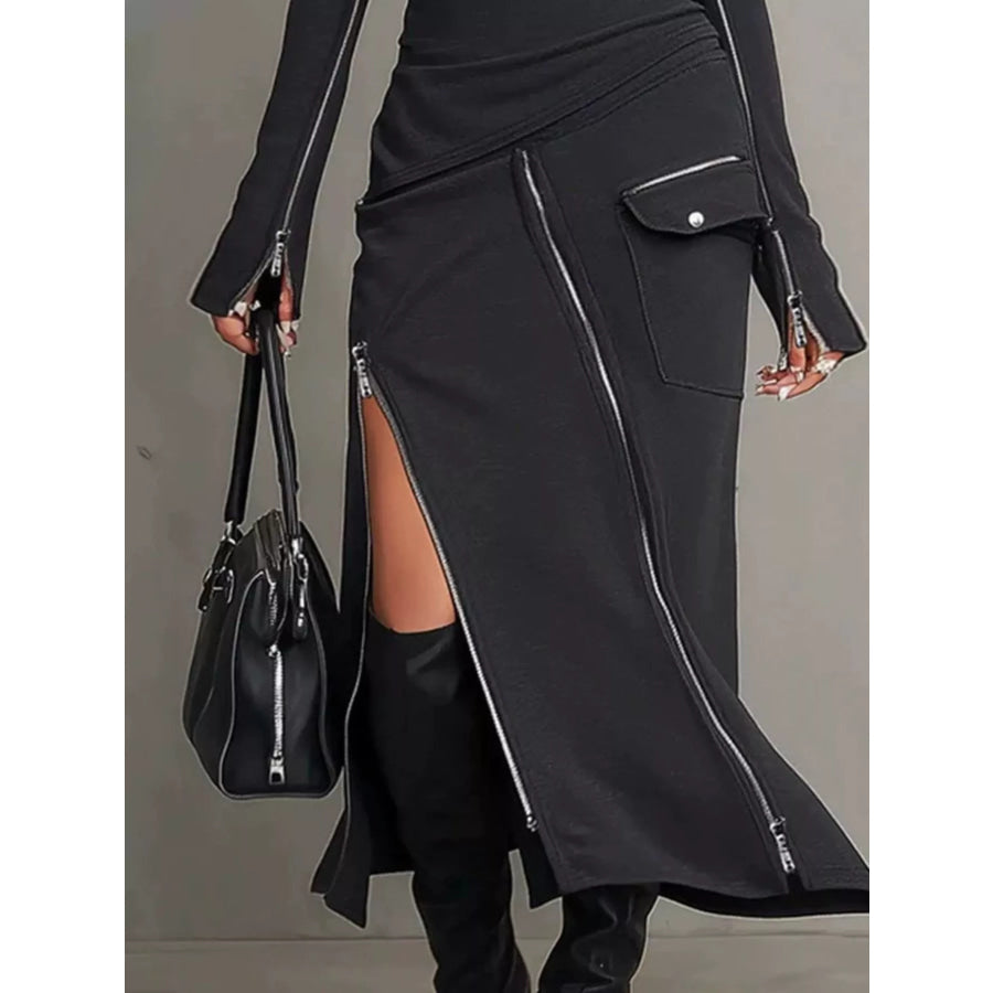 Mock Neck Long Sleeve Zipper Detail Maxi Dress Apparel and Accessories