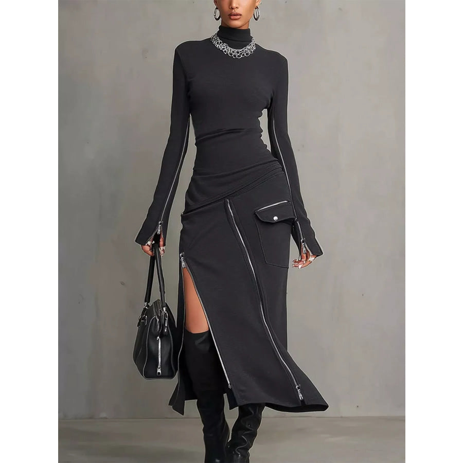 Mock Neck Long Sleeve Zipper Detail Maxi Dress Black / S Apparel and Accessories