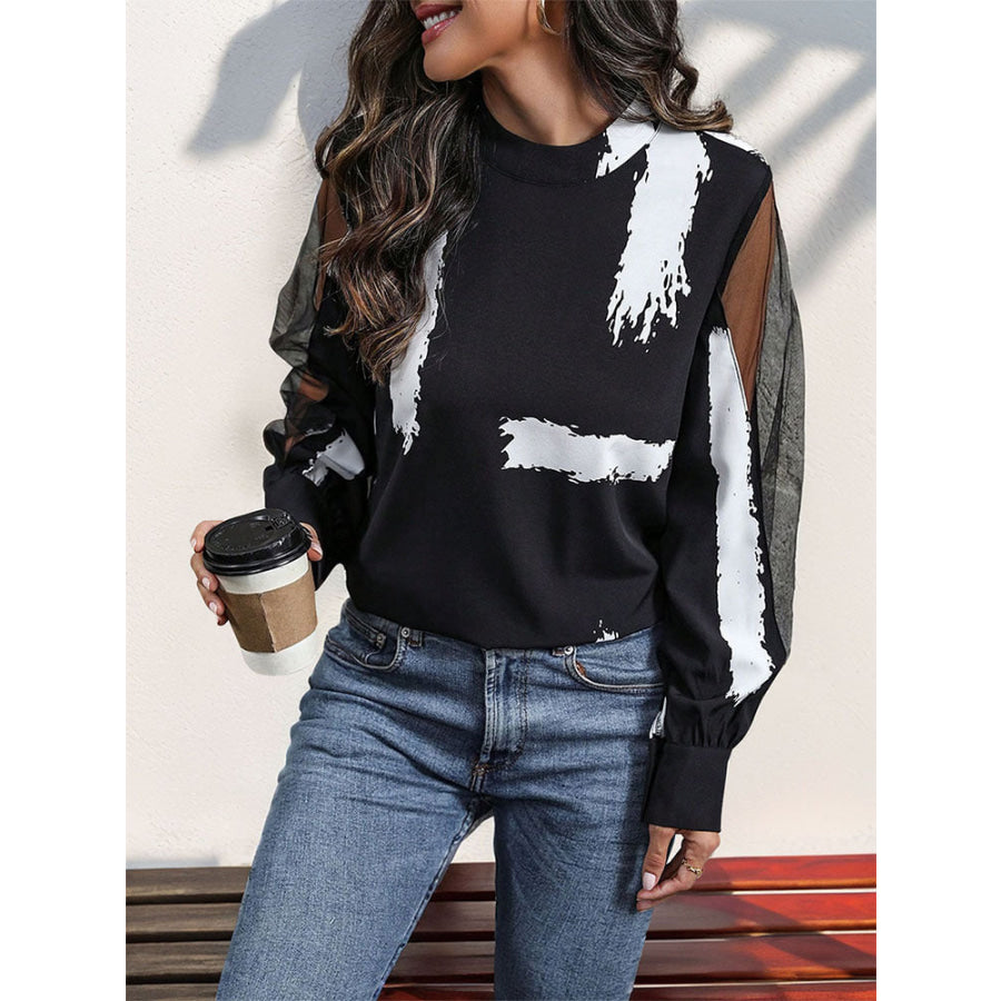 Mock Neck Mesh Long Sleeve Blouse Apparel and Accessories