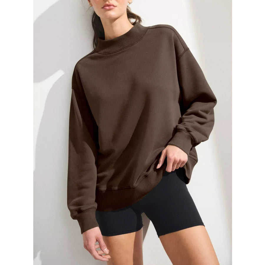 Mock Neck Oversized Sweatshirt Coffee Brown / S Apparel and Accessories