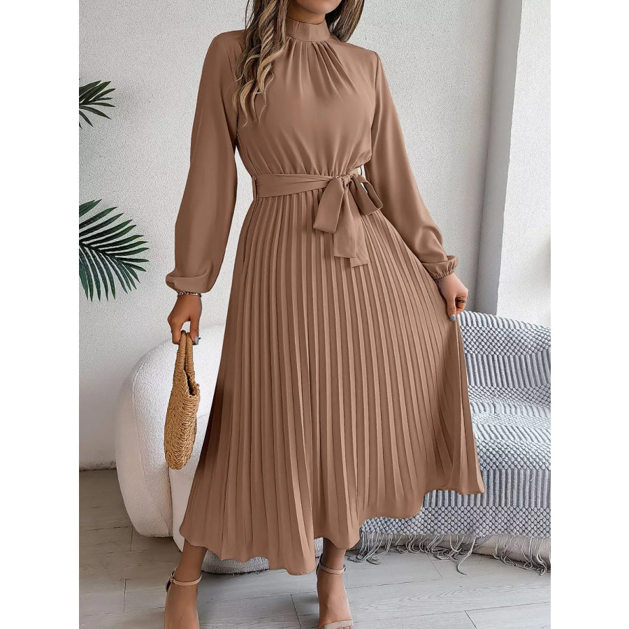 Mock Neck Pleated Midi Dress Apparel and Accessories