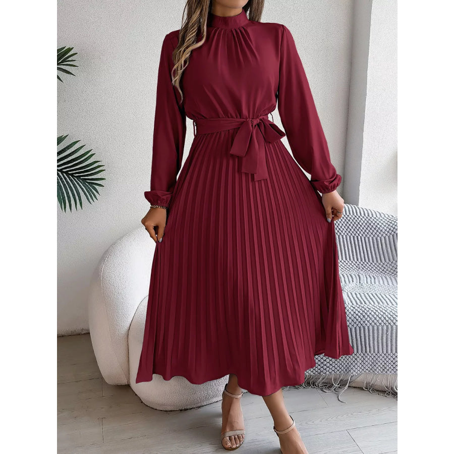 Mock Neck Pleated Midi Dress Apparel and Accessories