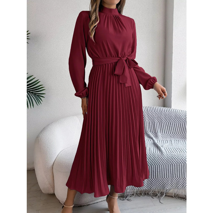 Mock Neck Pleated Midi Dress Apparel and Accessories