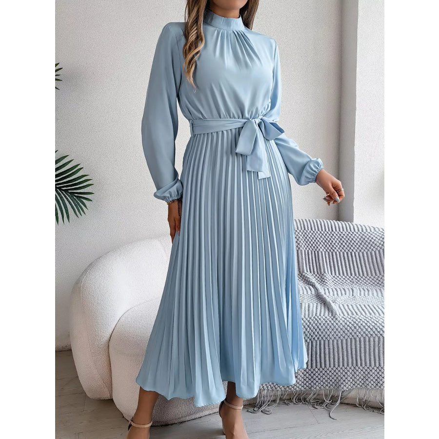 Mock Neck Pleated Midi Dress Apparel and Accessories