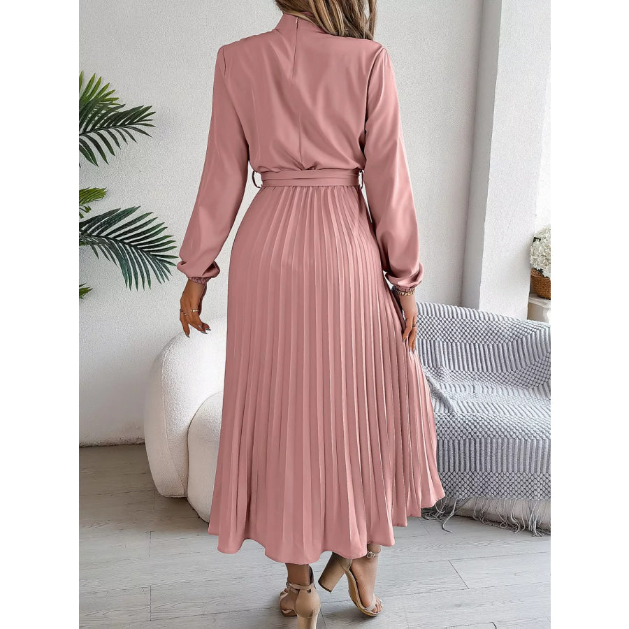 Mock Neck Pleated Midi Dress Apparel and Accessories
