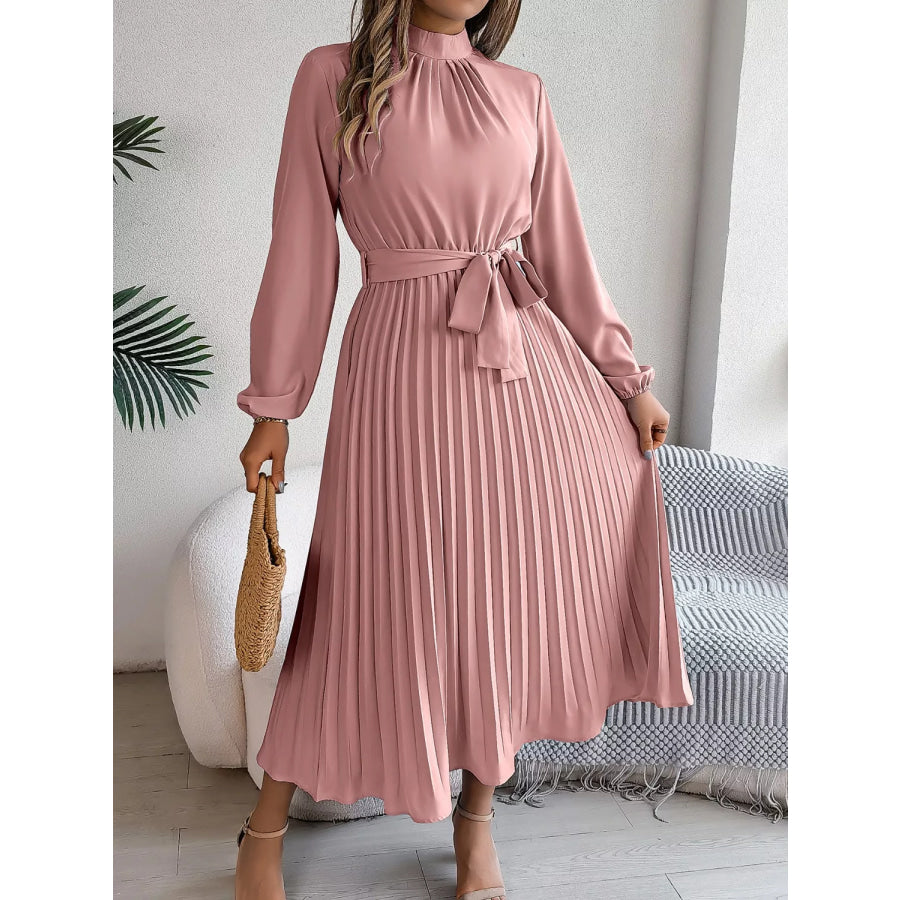 Mock Neck Pleated Midi Dress Apparel and Accessories